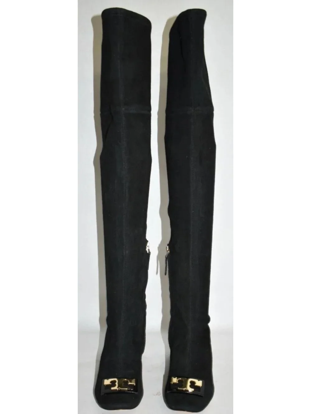 $650 TORY BURCH Gigi Stretch Over the Knee Boots RIDING BLACK GOLD LOGO 5 (M31)